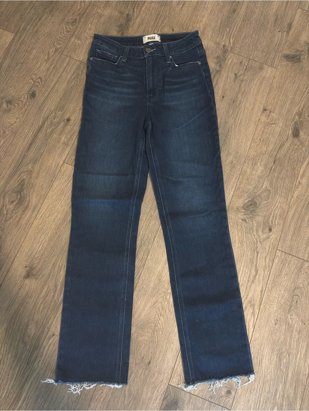 PAIGE Dark Indigo - Classic Five-Pocket Straight Leg Raw Hem Jeans